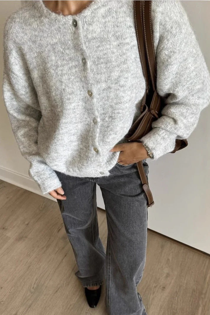 Soft Gray Vintage Shell-Button Knit Cardigan