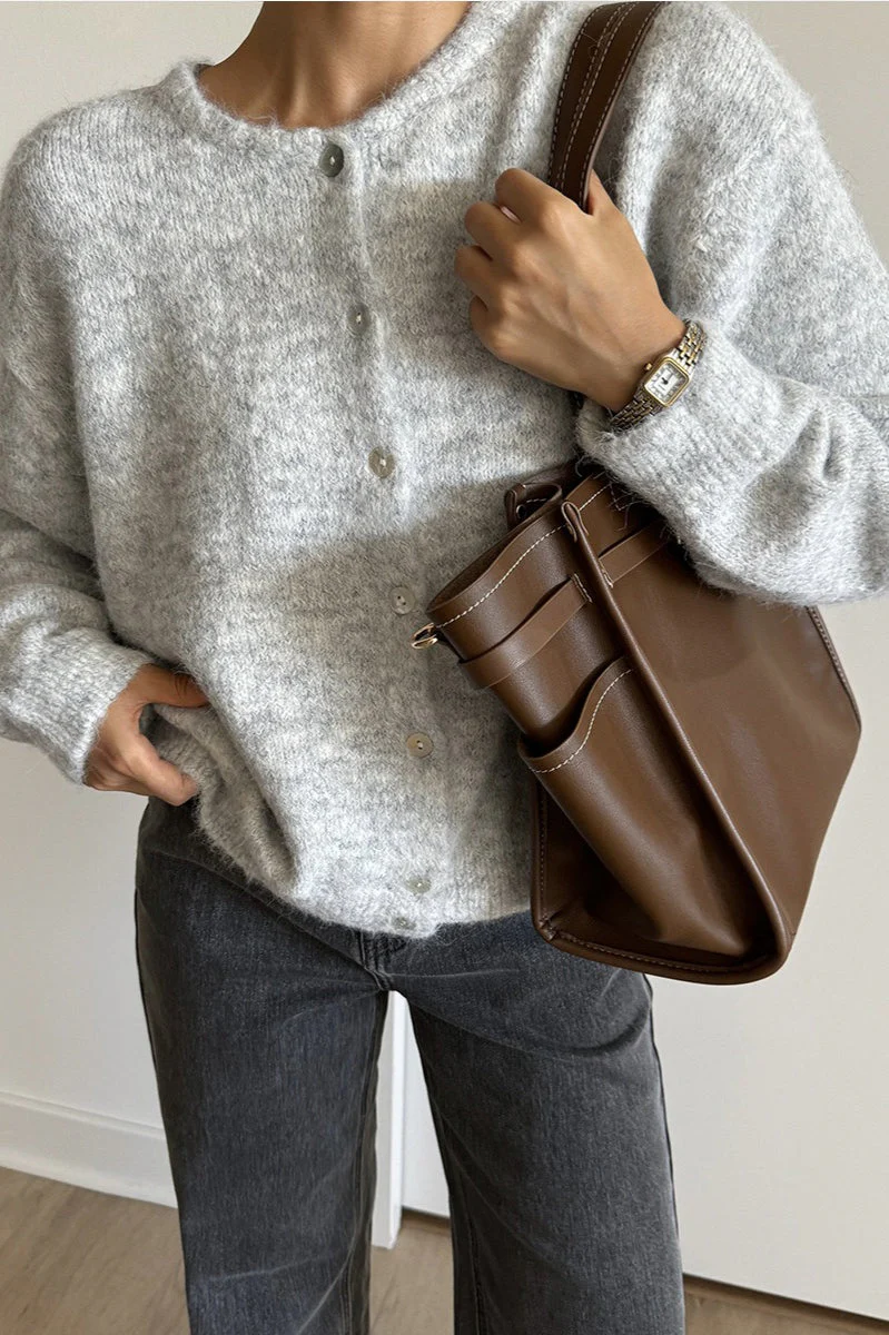Soft Gray Vintage Shell-Button Knit Cardigan - Image 2
