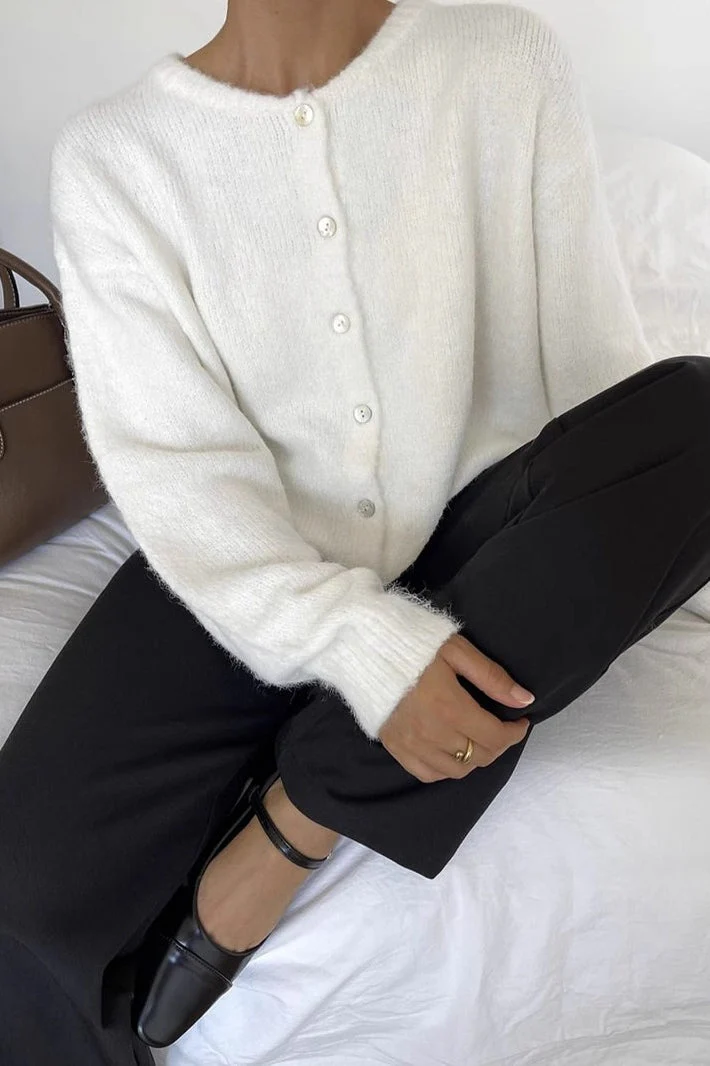 Soft Gray Vintage Shell-Button Knit Cardigan - Image 3