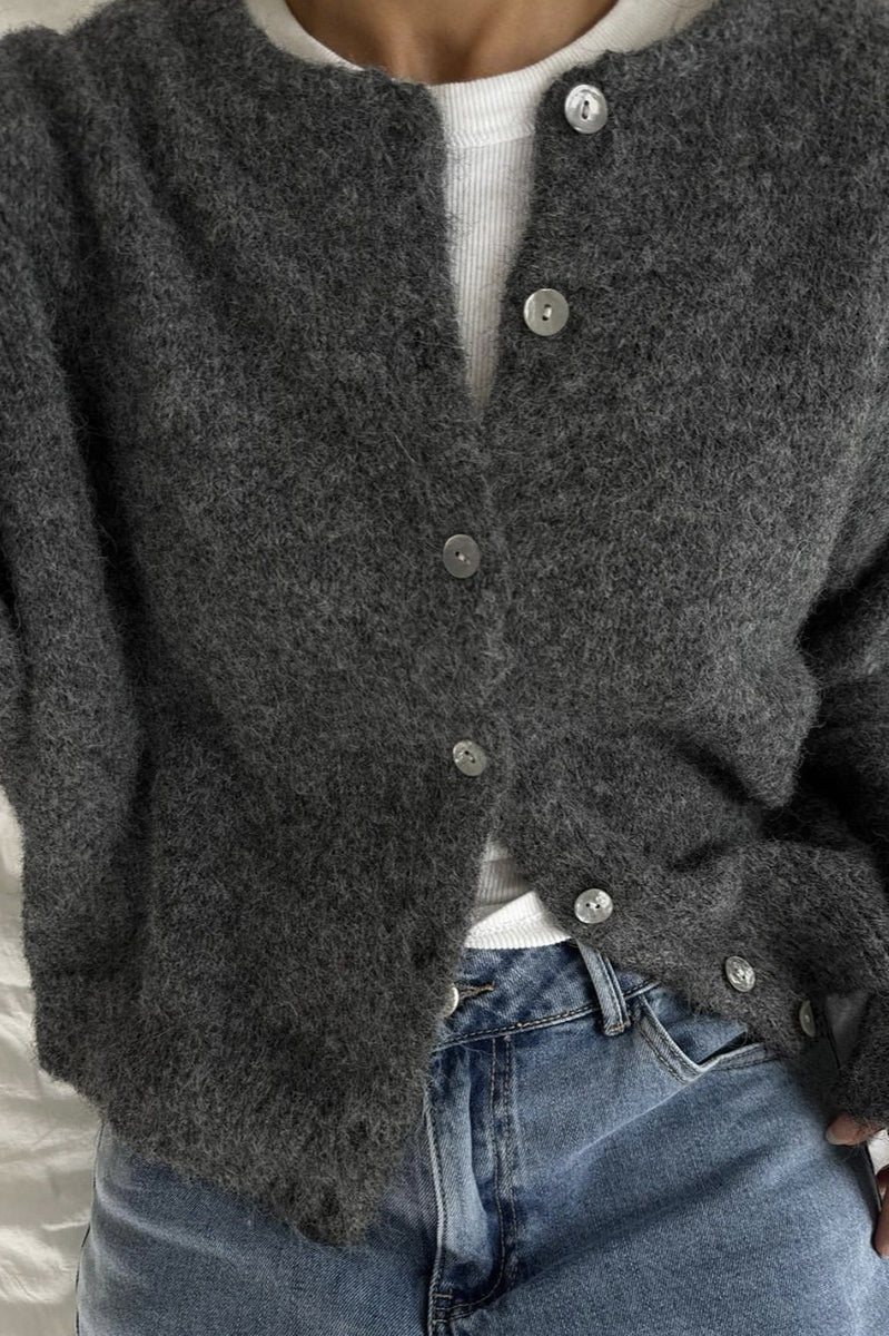 Soft Gray Vintage Shell-Button Knit Cardigan - Image 8