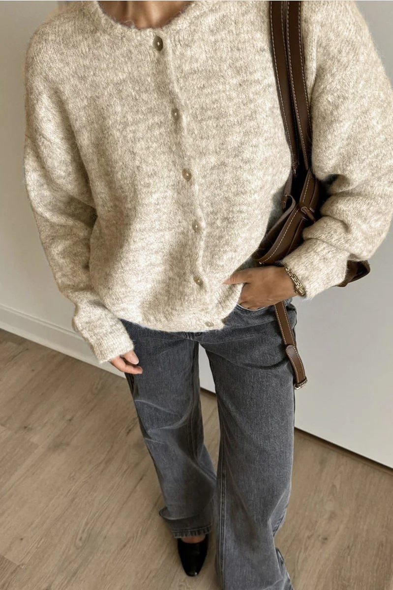 Soft Gray Vintage Shell-Button Knit Cardigan - Image 9
