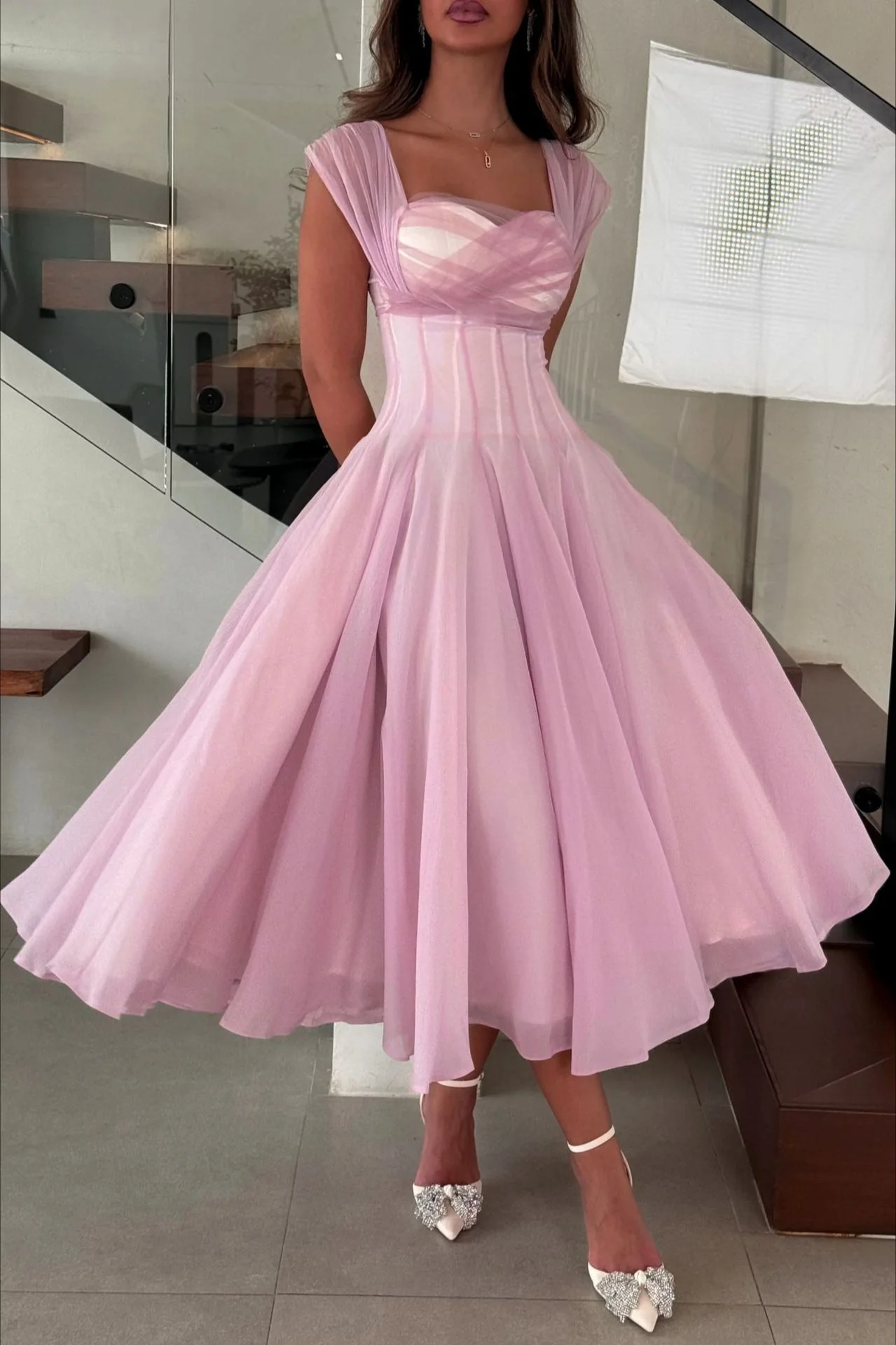 Soft Mesh Waist Flared Prom Dress - Image 3