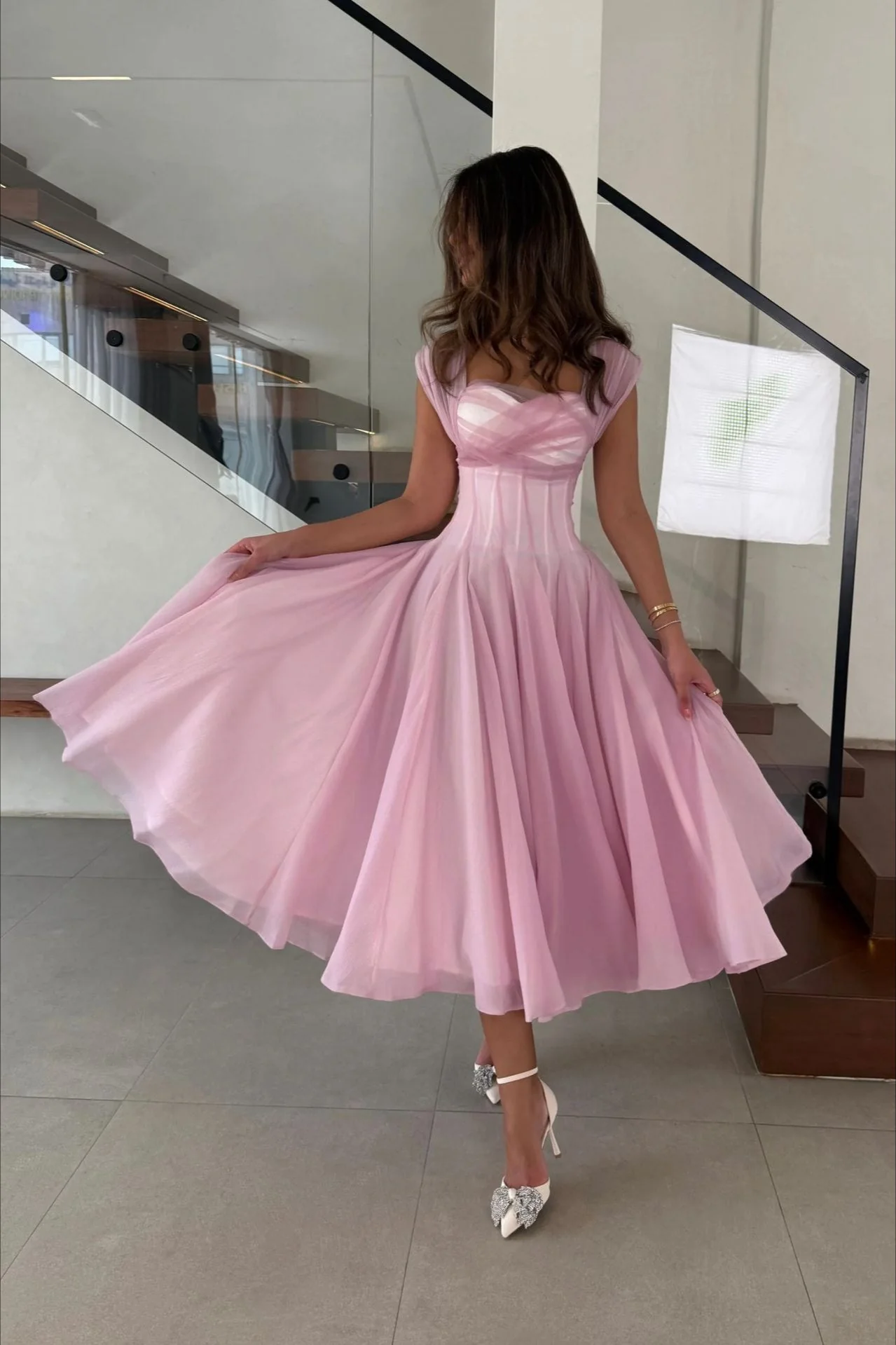 Soft Mesh Waist Flared Prom Dress - Image 4