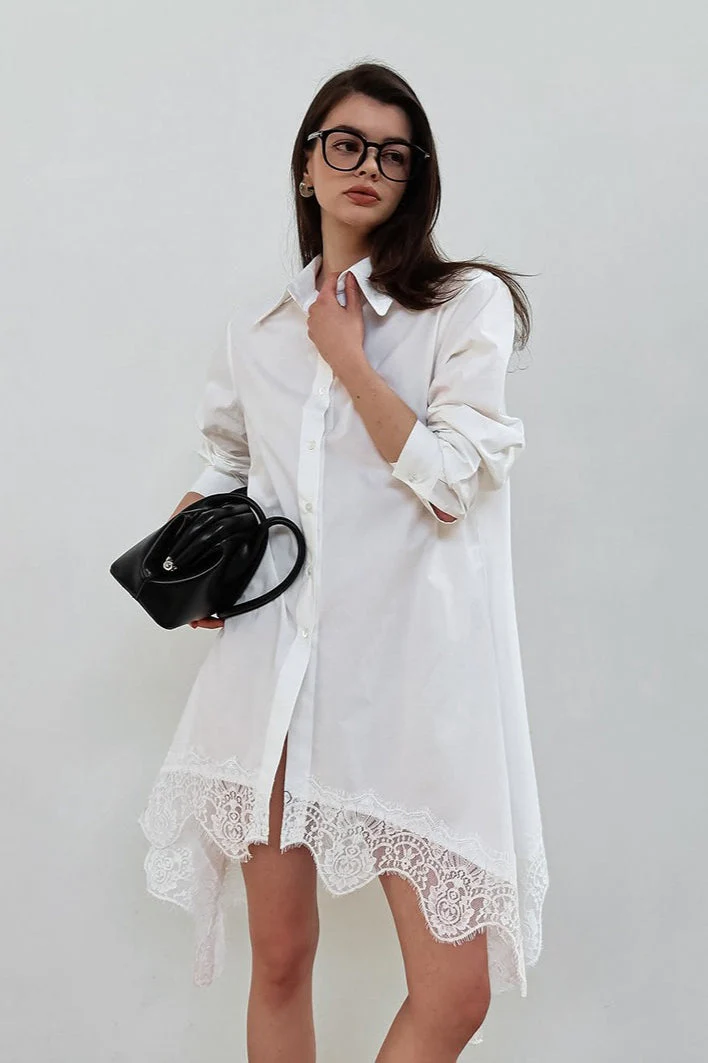 Soft Ruffled Lace Asymmetric Shirtdress Long Sleeve Mini Dress - Image 2