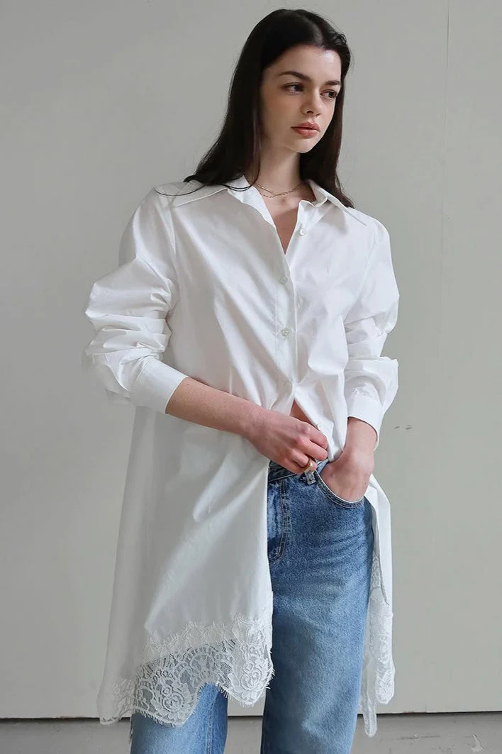 Soft Ruffled Lace Asymmetric Shirtdress Long Sleeve Mini Dress - Image 3