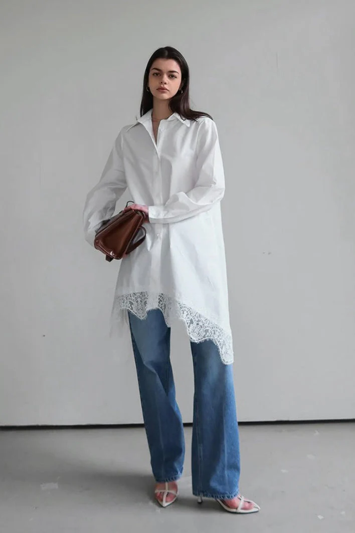 Soft Ruffled Lace Asymmetric Shirtdress Long Sleeve Mini Dress - Image 4
