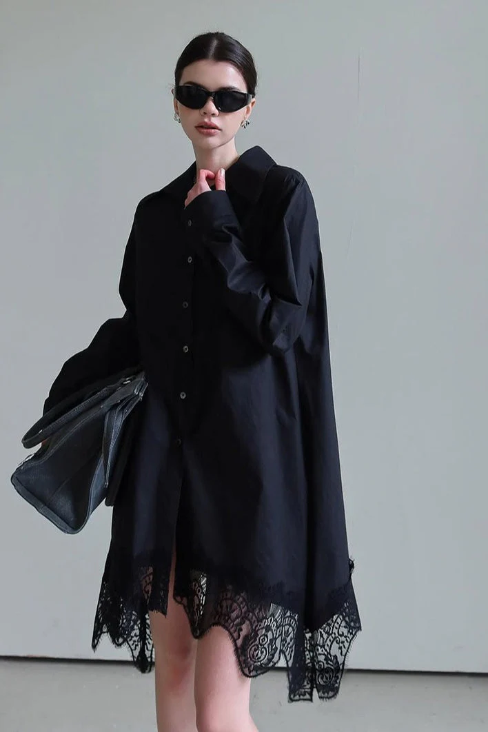 Soft Ruffled Lace Asymmetric Shirtdress Long Sleeve Mini Dress - Image 5