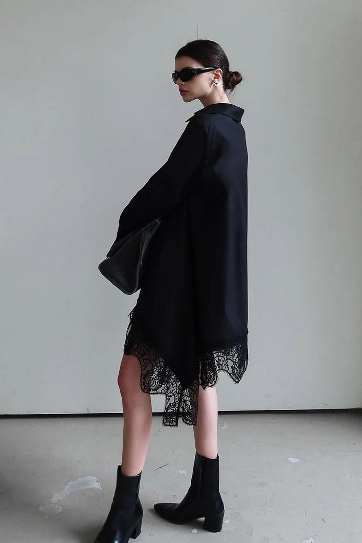Soft Ruffled Lace Asymmetric Shirtdress Long Sleeve Mini Dress - Image 6
