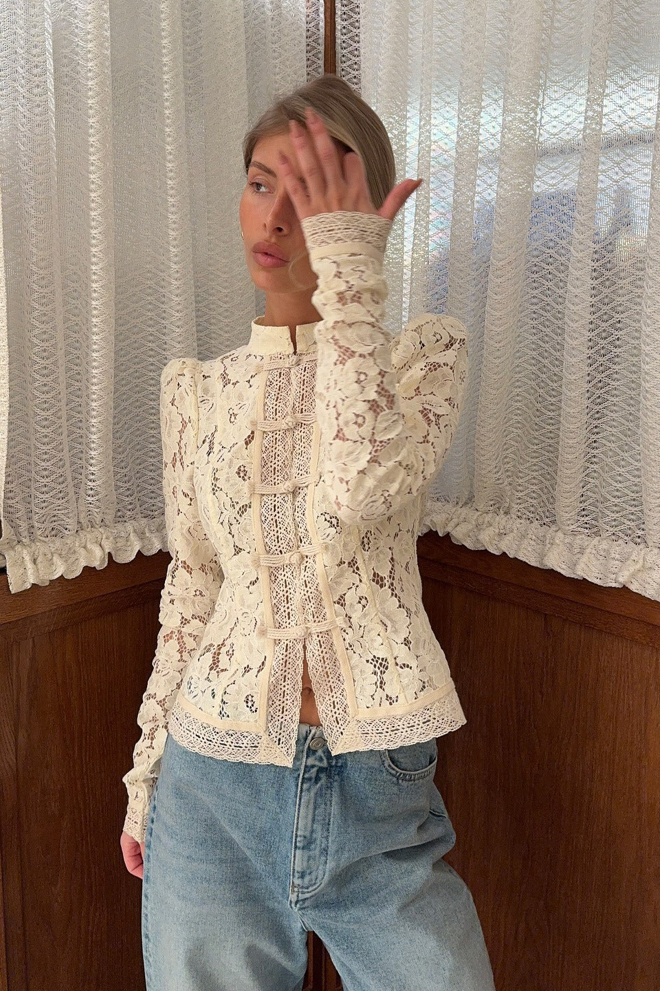 Soft-Style Stand-Collar Frog-Button Lace Cutout Cardigan - Image 5