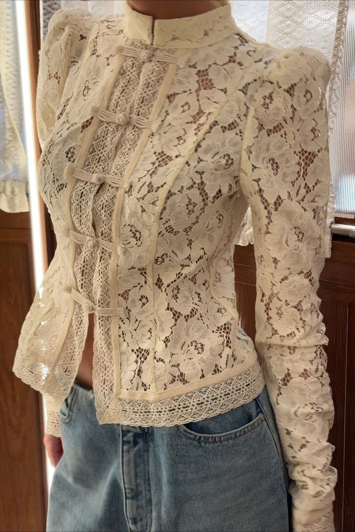 Soft-Style Stand-Collar Frog-Button Lace Cutout Cardigan - Image 6