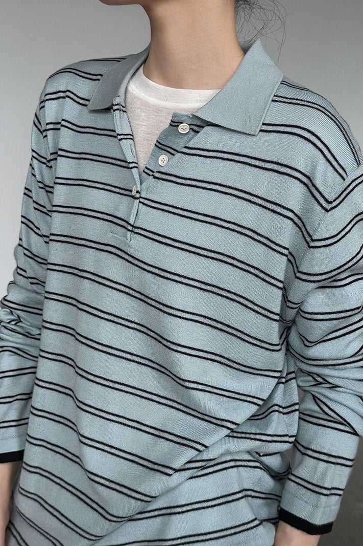 Soft Wool Striped Polo Collar Long Sleeve Long Sleeve Tee - Image 10