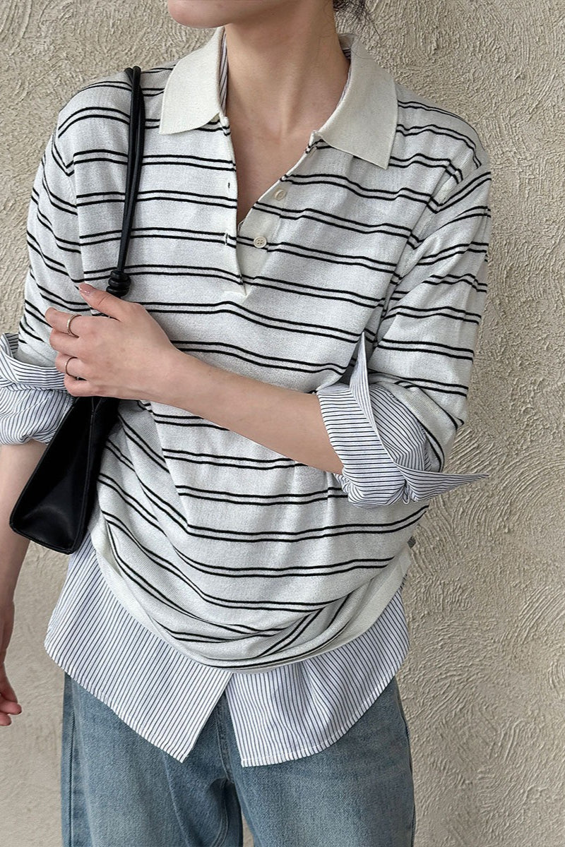 Soft Wool Striped Polo Collar Long Sleeve Long Sleeve Tee - Image 11