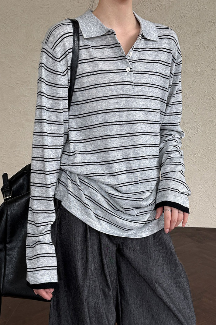 Soft Wool Striped Polo Collar Long Sleeve Long Sleeve Tee - Image 2