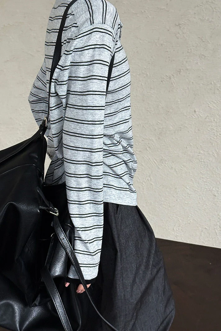 Soft Wool Striped Polo Collar Long Sleeve Long Sleeve Tee - Image 3