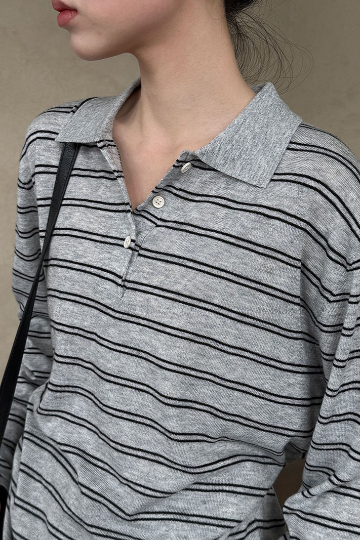 Soft Wool Striped Polo Collar Long Sleeve Long Sleeve Tee - Image 4