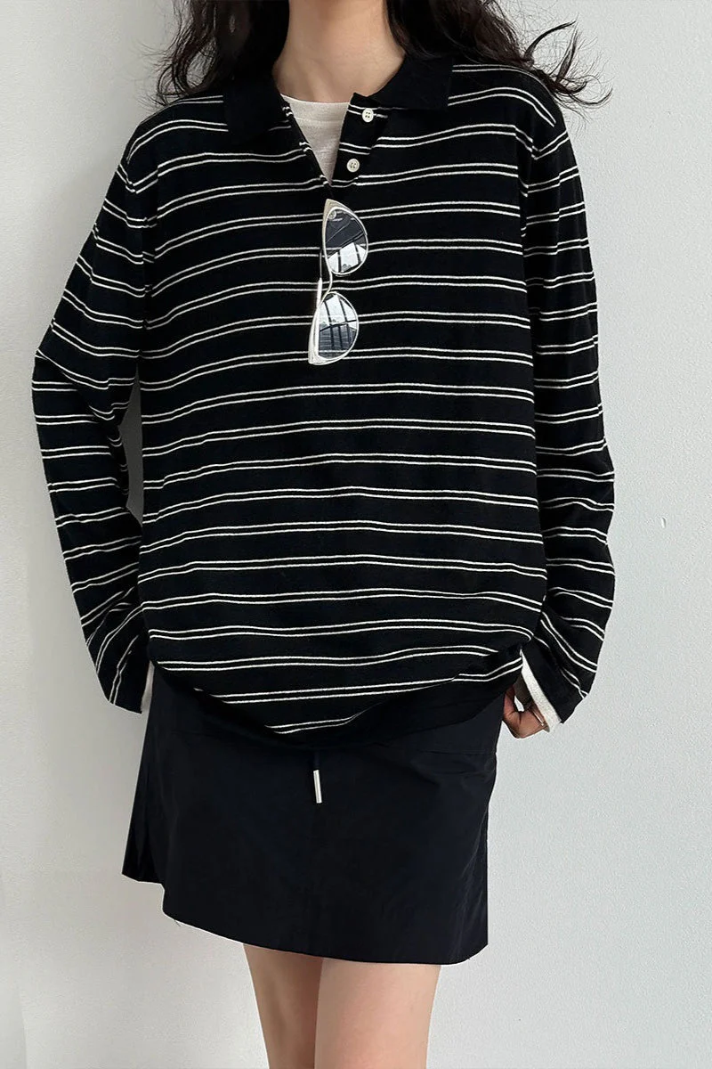 Soft Wool Striped Polo Collar Long Sleeve Long Sleeve Tee - Image 5