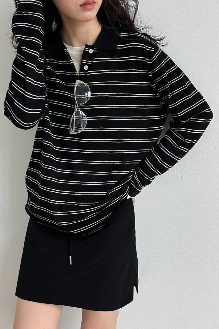 Soft Wool Striped Polo Collar Long Sleeve Long Sleeve Tee - Image 6