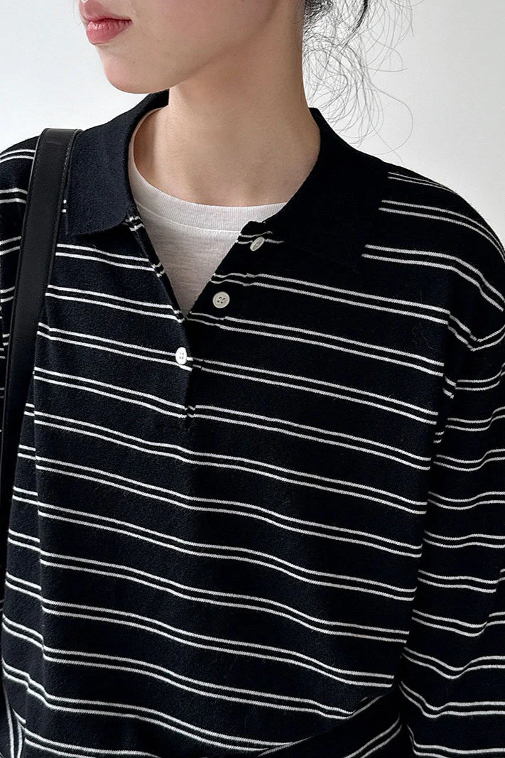 Soft Wool Striped Polo Collar Long Sleeve Long Sleeve Tee - Image 7
