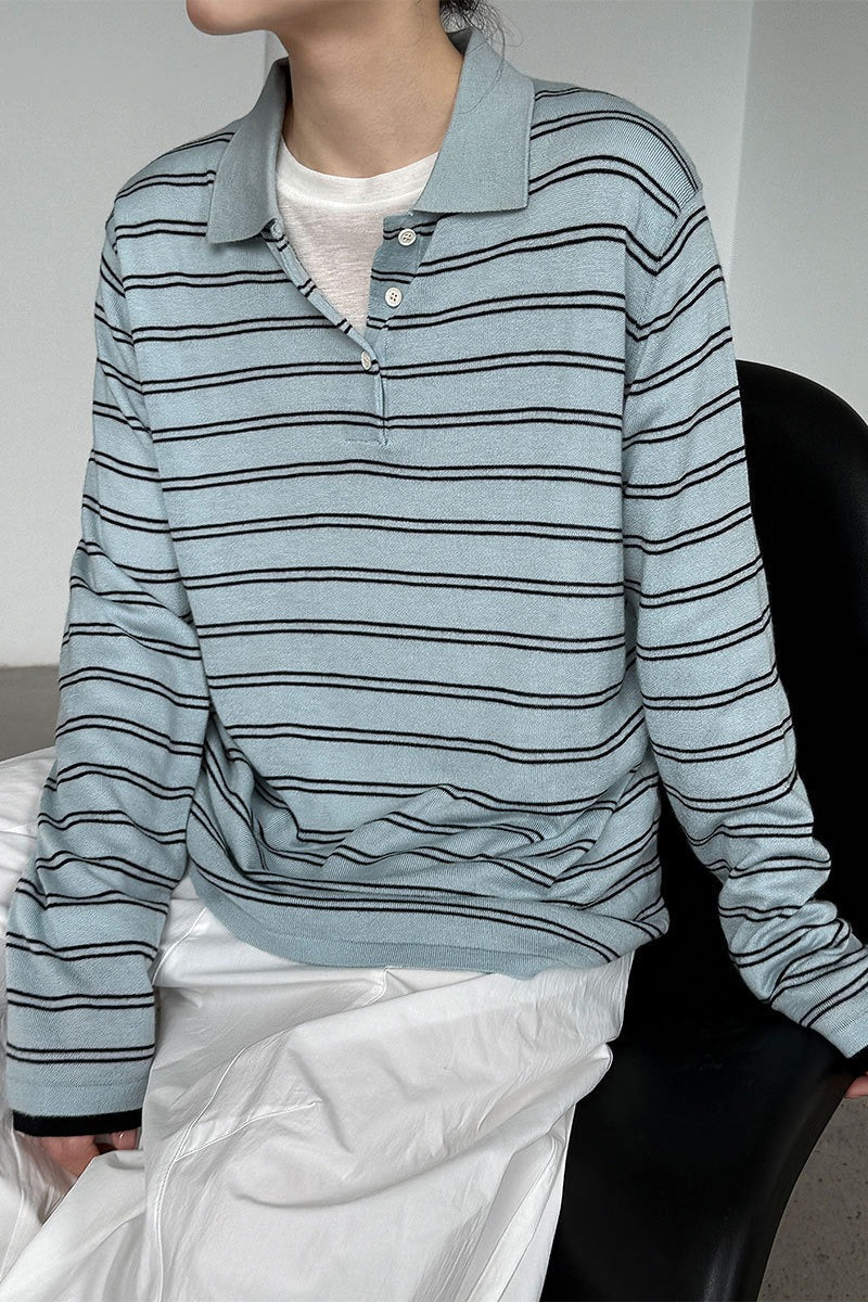Soft Wool Striped Polo Collar Long Sleeve Long Sleeve Tee - Image 8