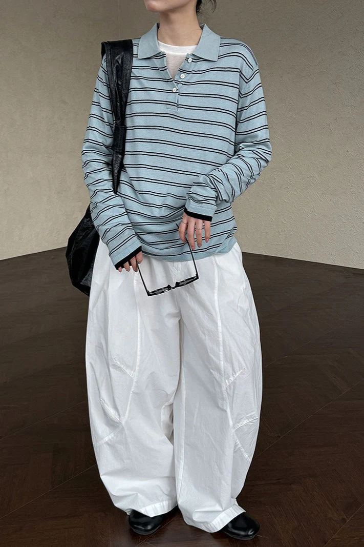Soft Wool Striped Polo Collar Long Sleeve Long Sleeve Tee - Image 9
