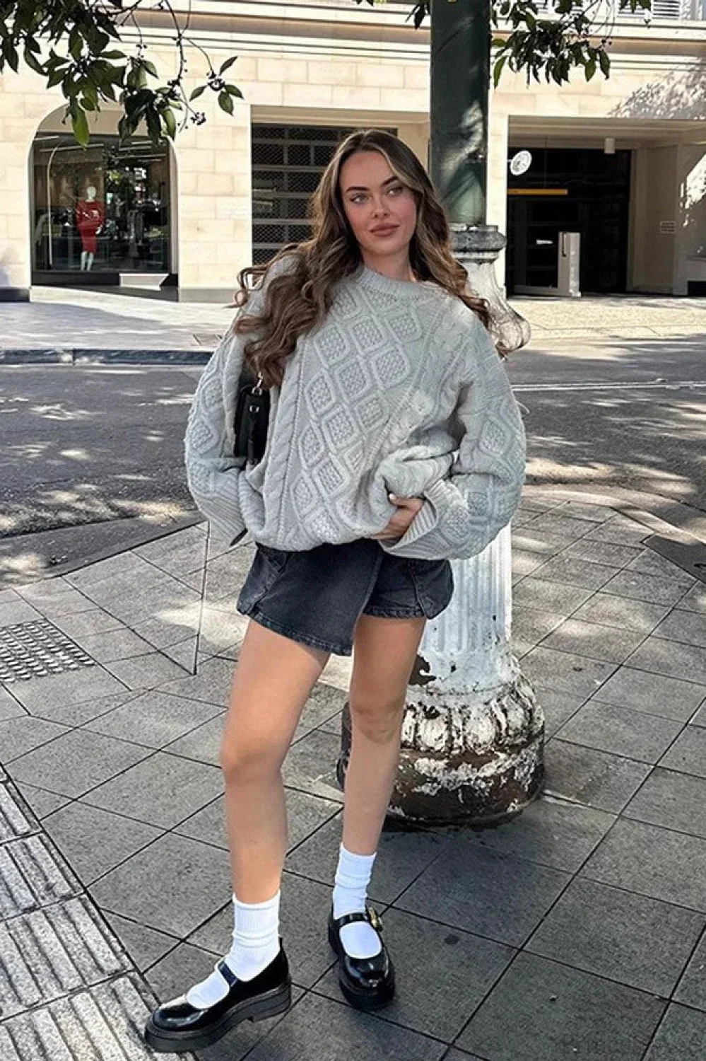 Solid 3D Chunky Cable Argyle Crewneck Loose Sweater - Image 4