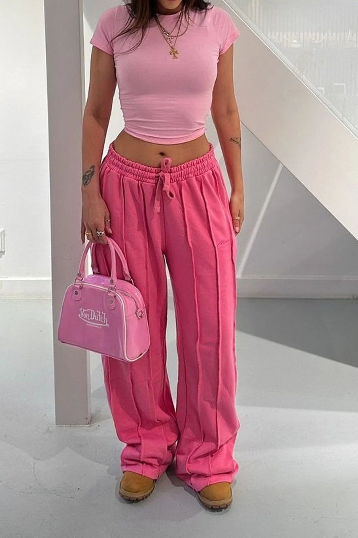 Solid 3D Line Loose Drawstring Pants - Image 3