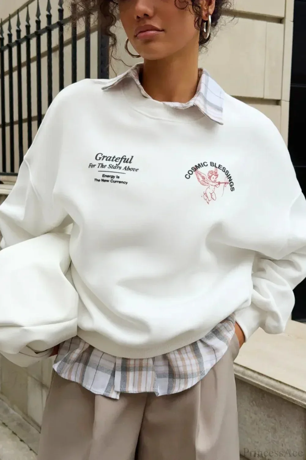 Solid Angel Print Thickened Crew Neck Sweatshirt - Image 4