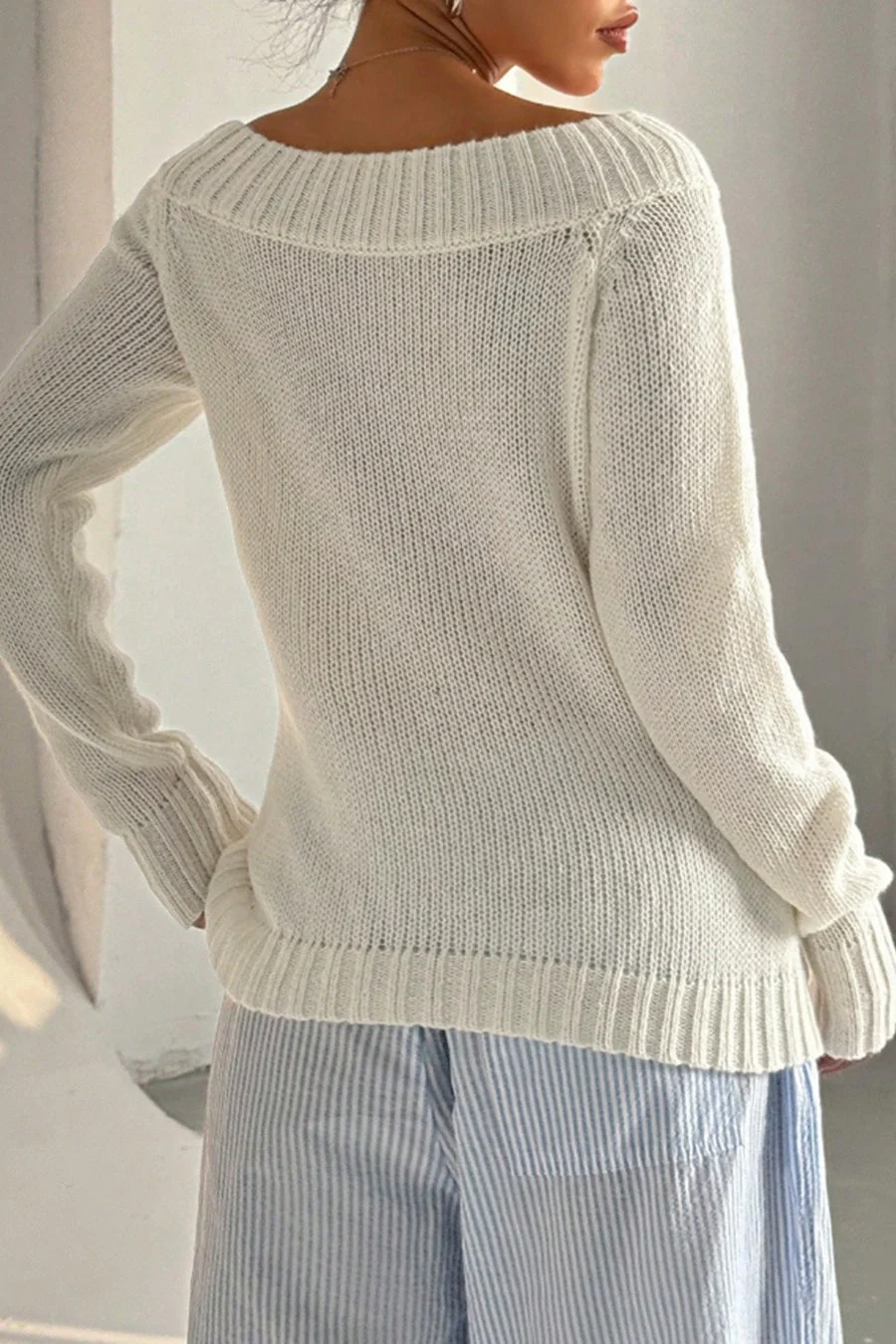 Solid Asymmetric Off-Shoulder Pullover Knit Top - Image 2