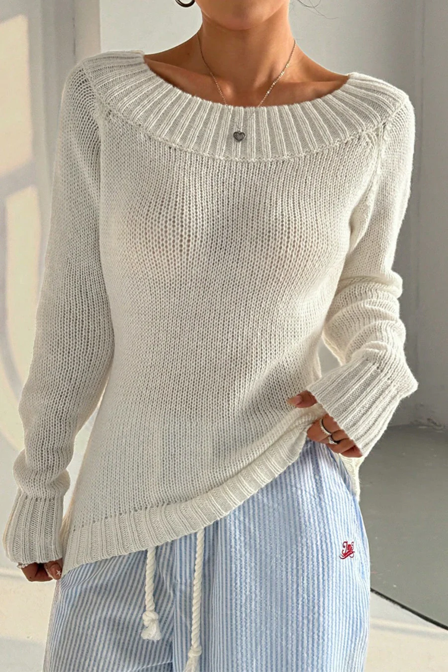 Solid Asymmetric Off-Shoulder Pullover Knit Top - Image 3
