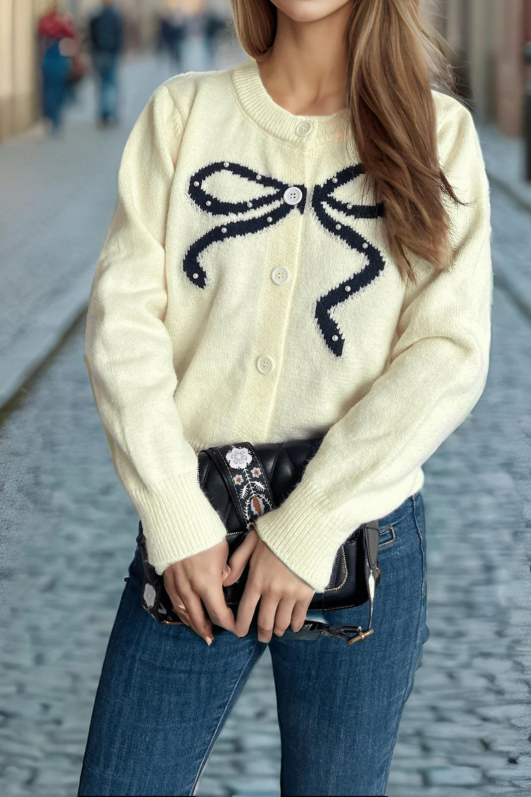 Solid Bow Jacquard Round Cardigan - Image 14
