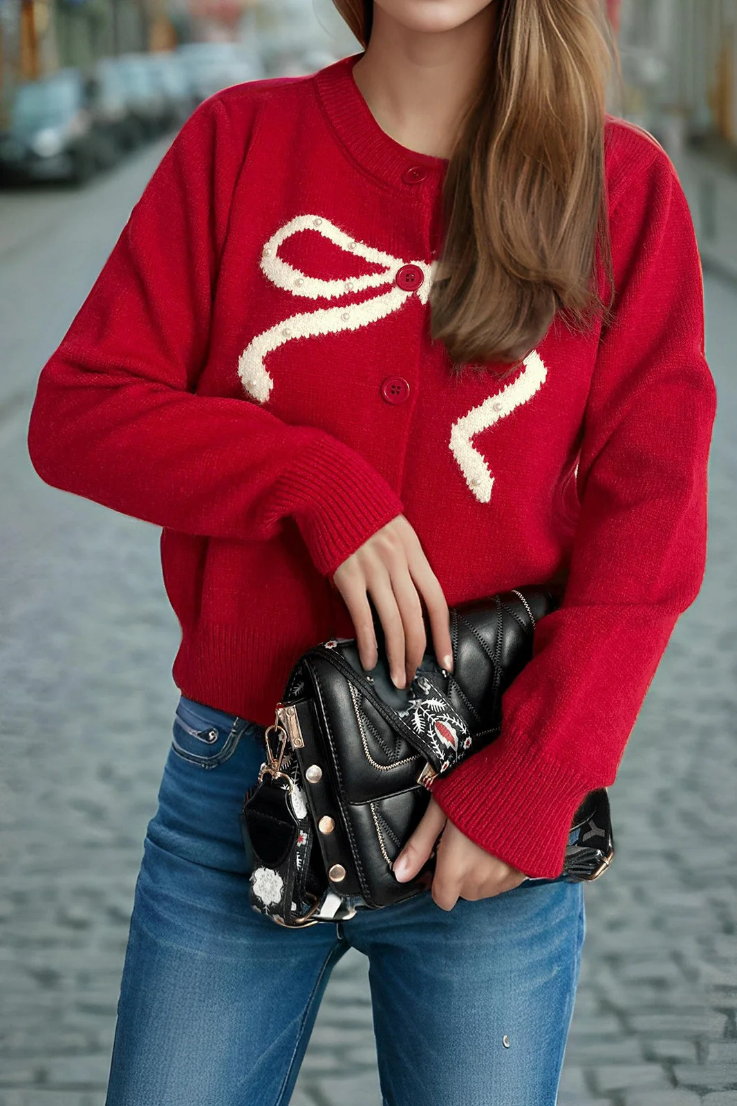 Solid Bow Jacquard Round Cardigan - Image 2