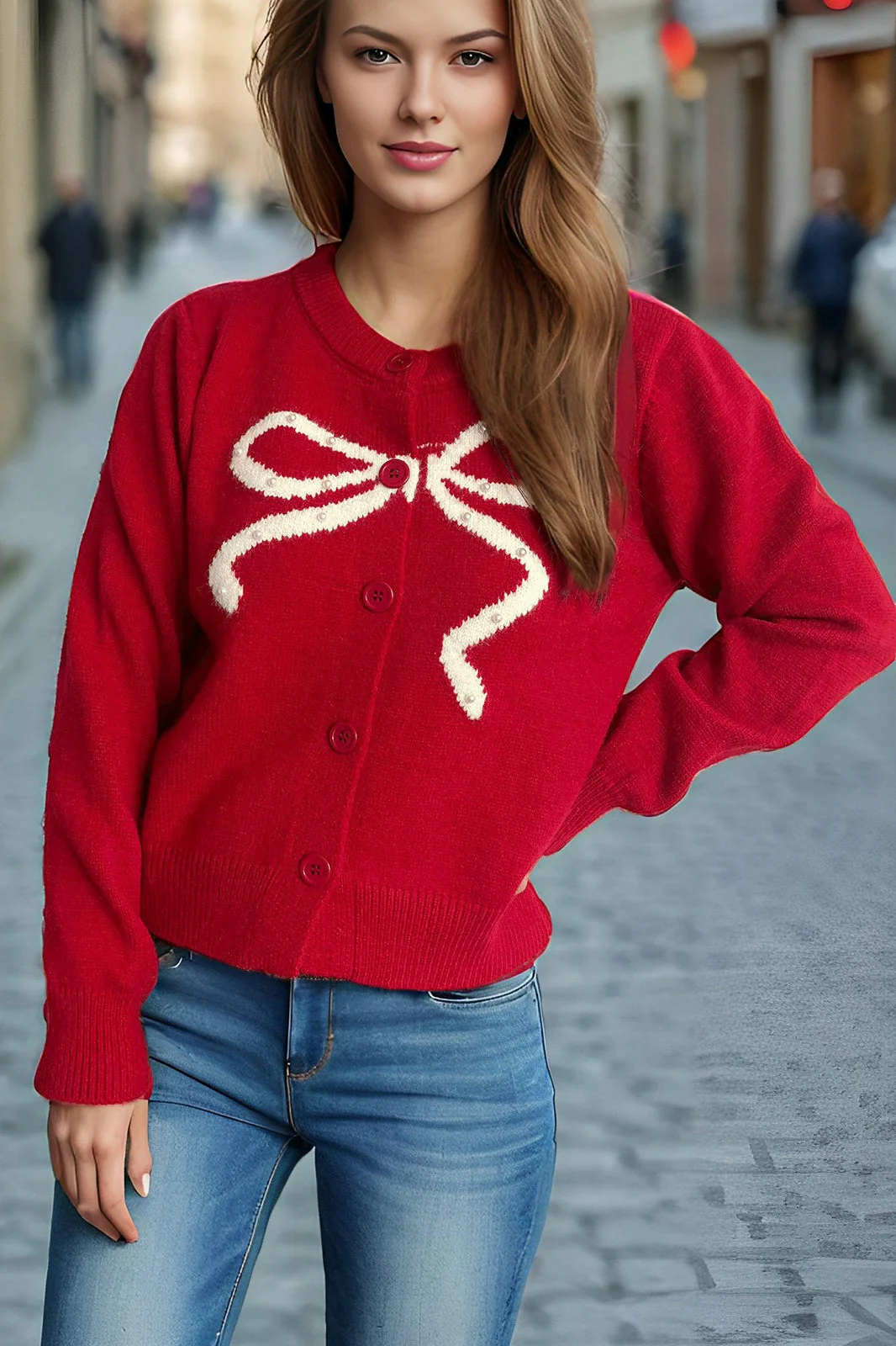 Solid Bow Jacquard Round Cardigan - Image 3