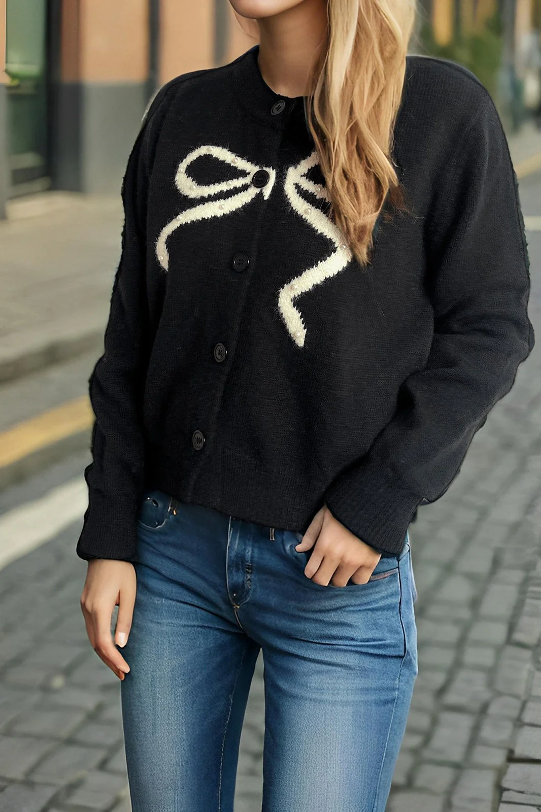 Solid Bow Jacquard Round Cardigan - Image 9