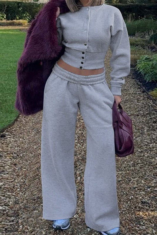 Solid Buttoned Cardigan Chic Casual Two Piece Set - Image 6