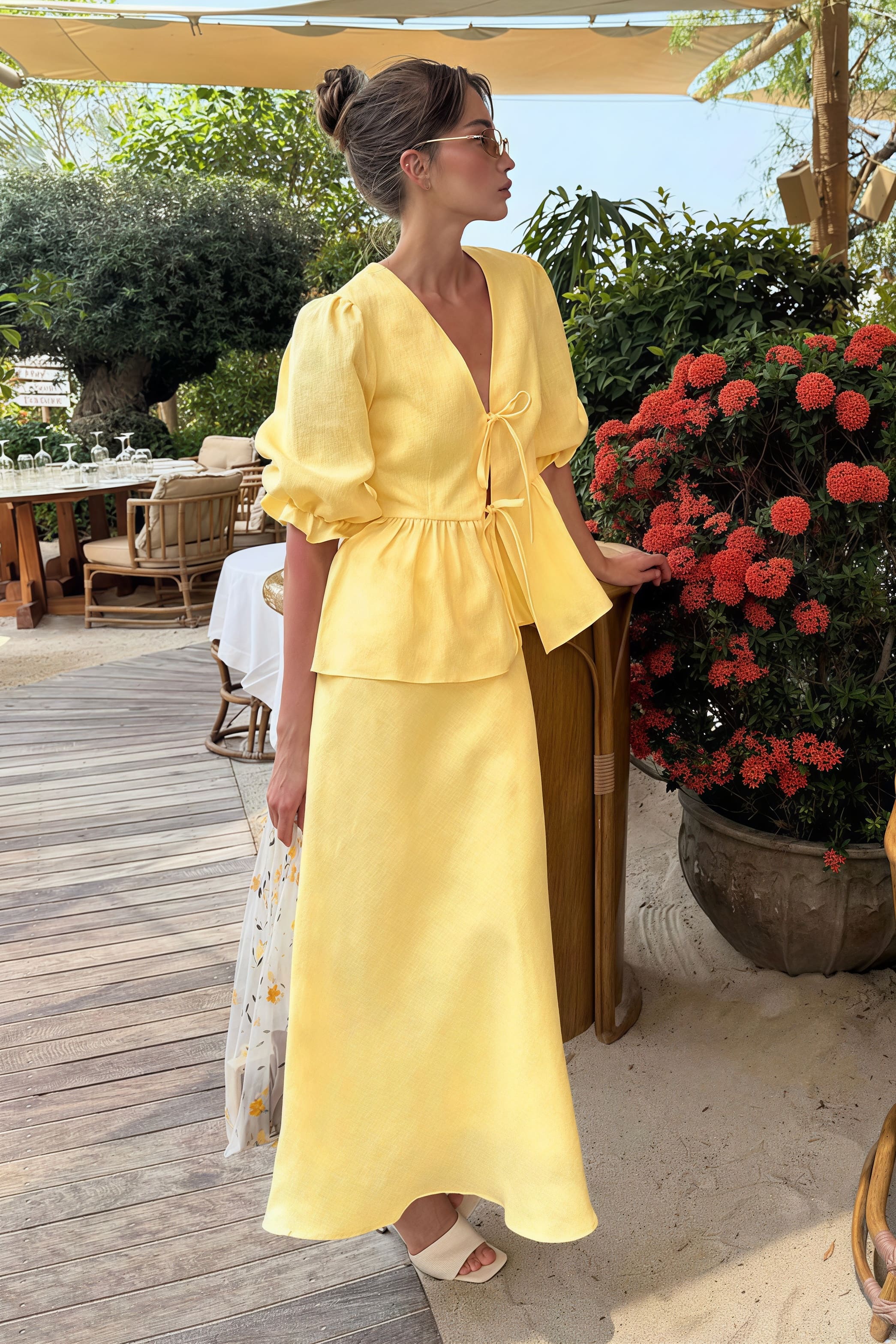 Solid Casual V-Neck Ruffle Short Sleeve Skirt Set - Image 2