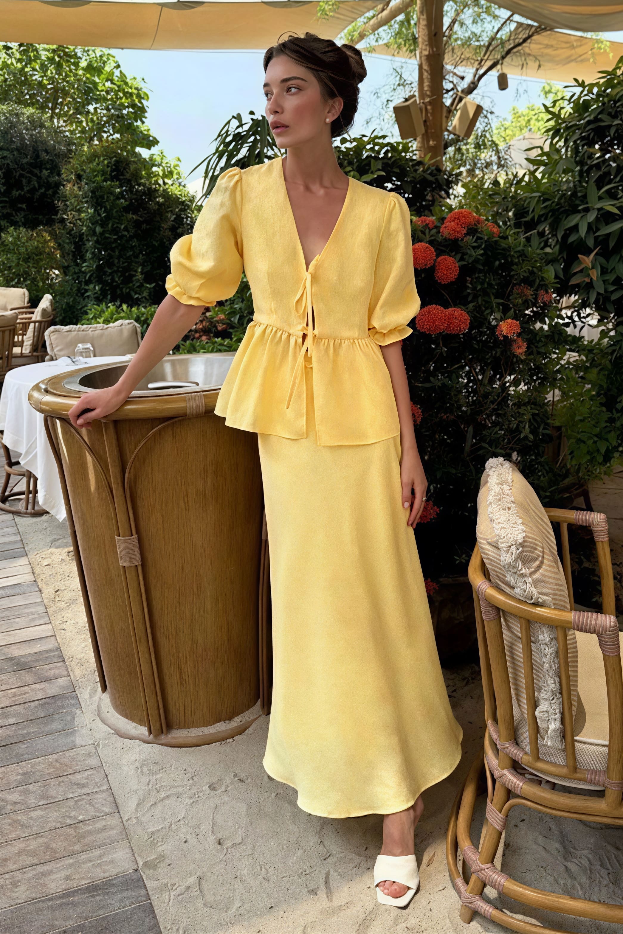 Solid Casual V-Neck Ruffle Short Sleeve Skirt Set - Image 3