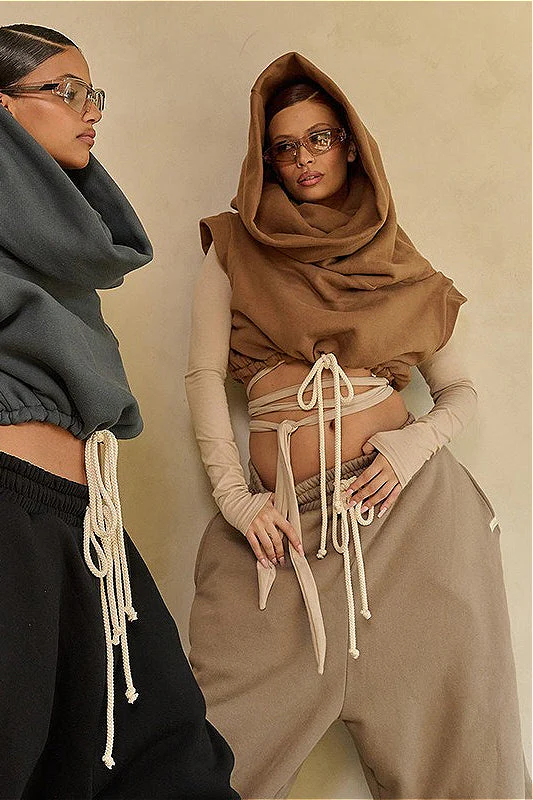 Solid Casual Wide Collar Cropped Hoodie - Image 2