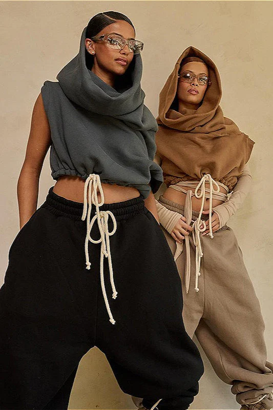 Solid Casual Wide Collar Cropped Hoodie - Image 3