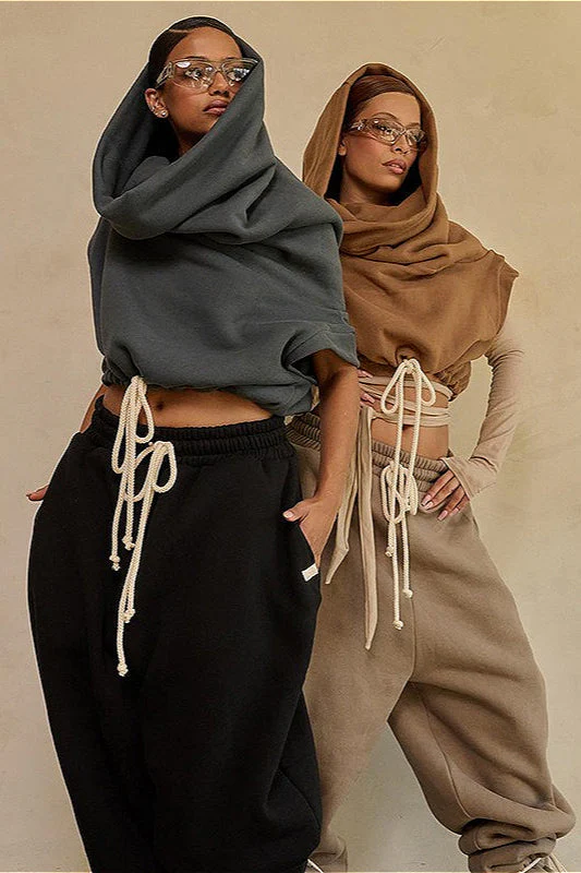 Solid Casual Wide Collar Cropped Hoodie - Image 4