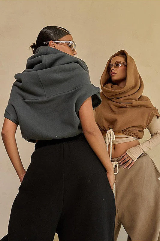 Solid Casual Wide Collar Cropped Hoodie - Image 5
