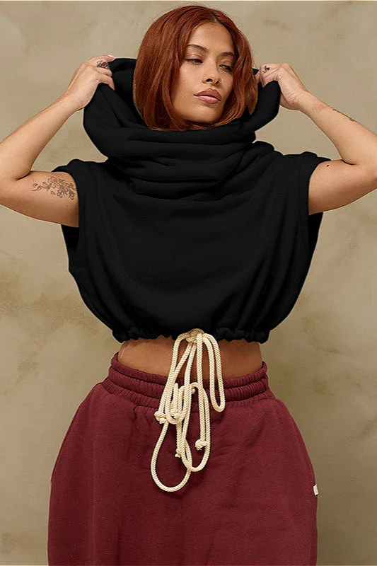 Solid Casual Wide Collar Cropped Hoodie - Image 7