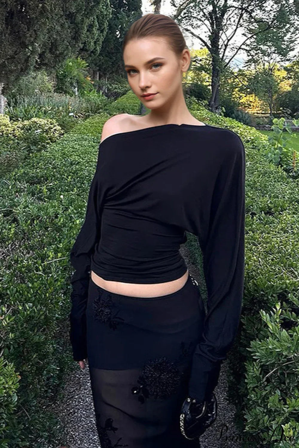 Solid Color Asymmetric Shoulder Cutout Long Sleeve Blouse - Image 2