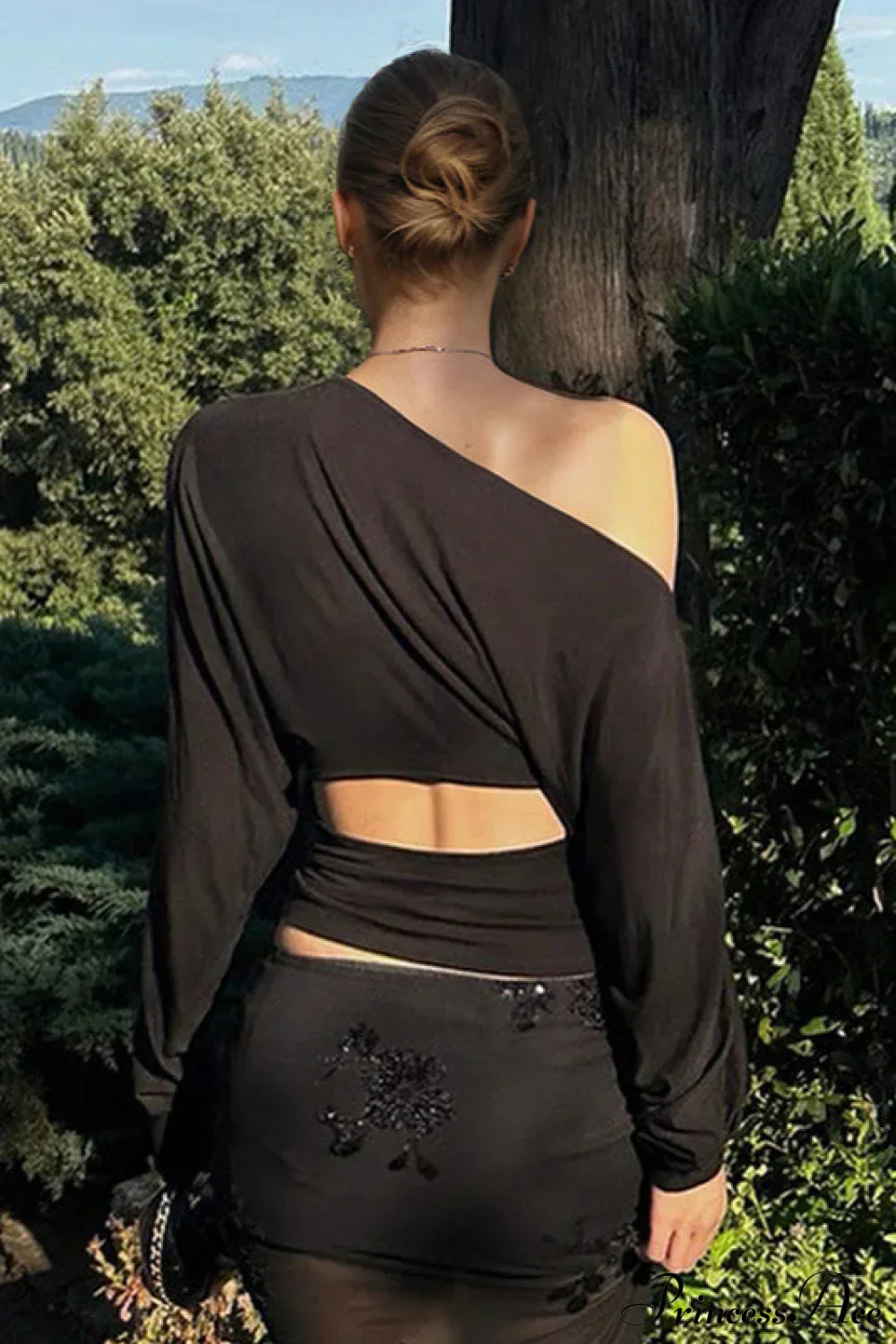 Solid Color Asymmetric Shoulder Cutout Long Sleeve Blouse - Image 3