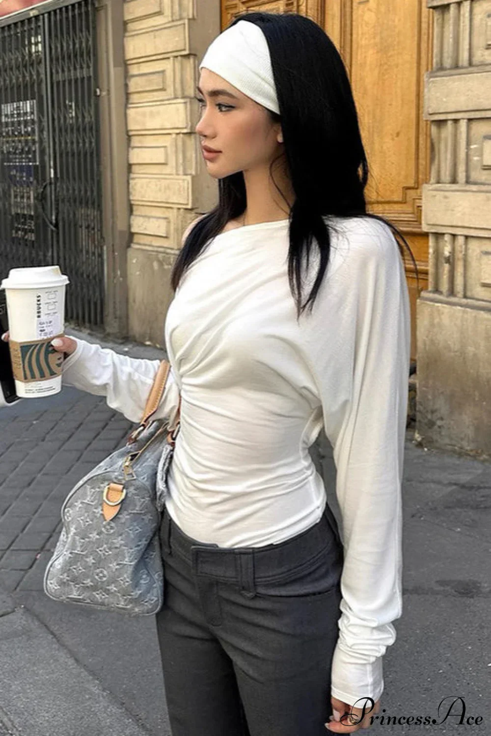 Solid Color Asymmetric Shoulder Cutout Long Sleeve Blouse - Image 4