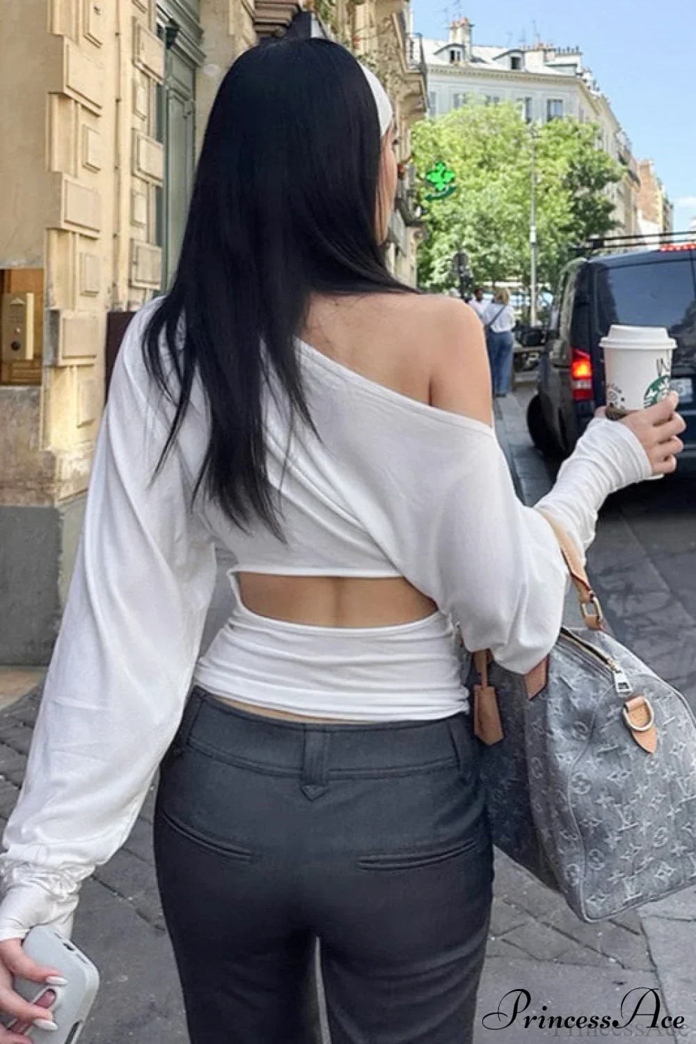 Solid Color Asymmetric Shoulder Cutout Long Sleeve Blouse - Image 5