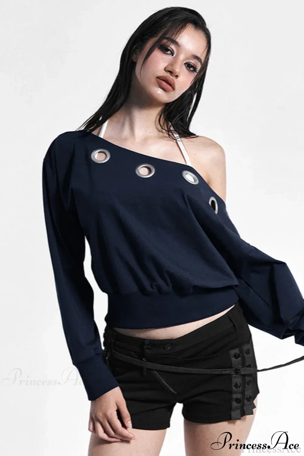 Solid Color Asymmetric Shoulder Cutout Long Sleeve Blouse - Image 2
