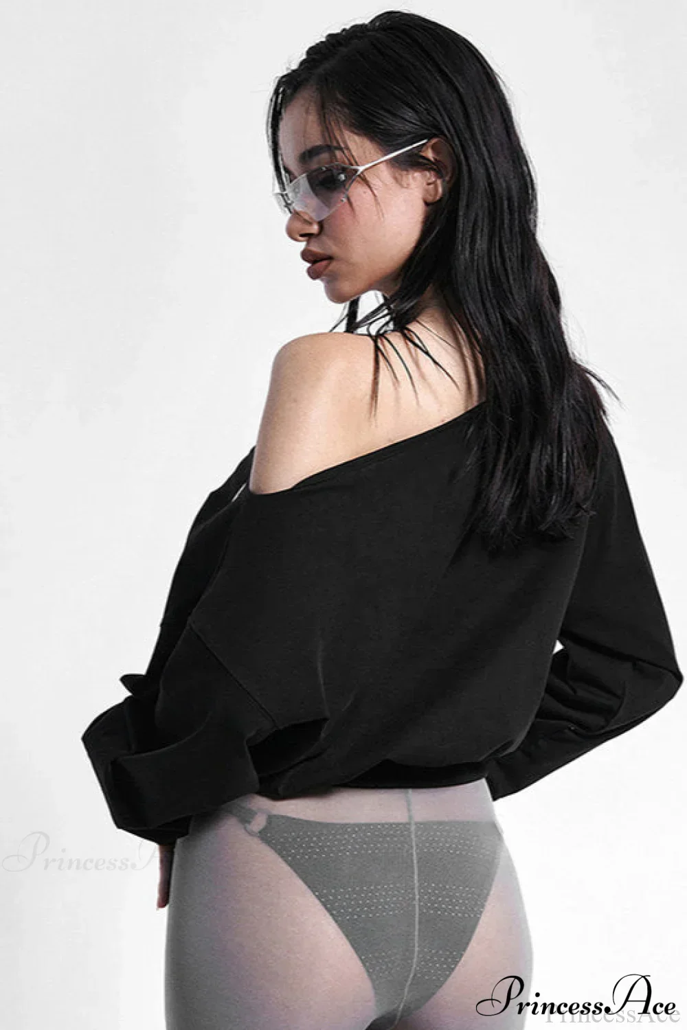 Solid Color Asymmetric Shoulder Cutout Long Sleeve Blouse - Image 3