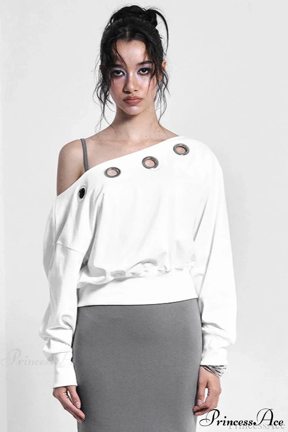 Solid Color Asymmetric Shoulder Cutout Long Sleeve Blouse - Image 4