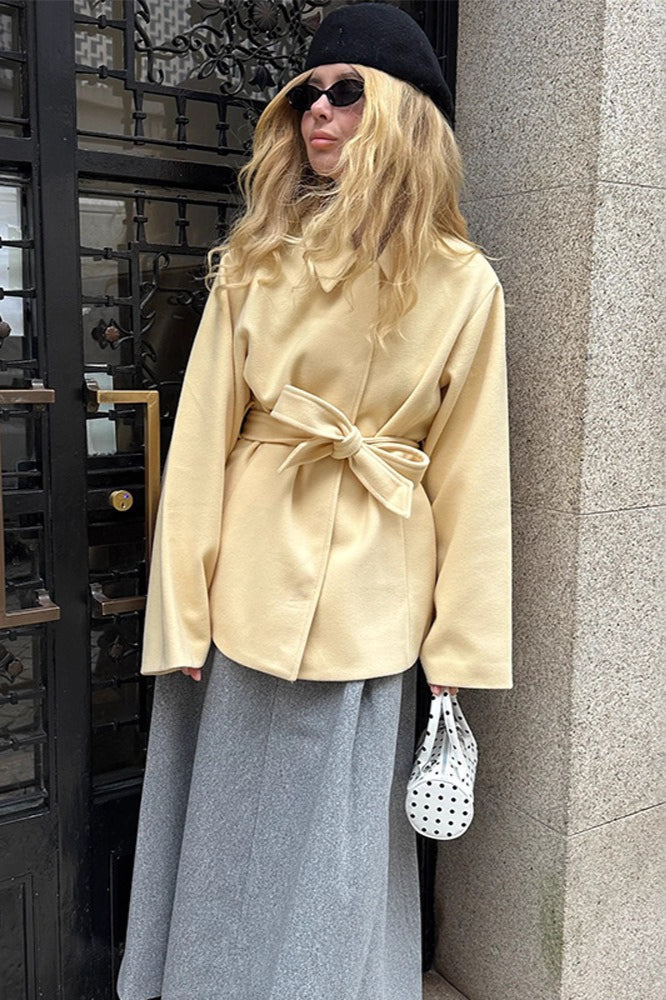 Solid Color Belted Midi Wool Blend Coat - Image 2