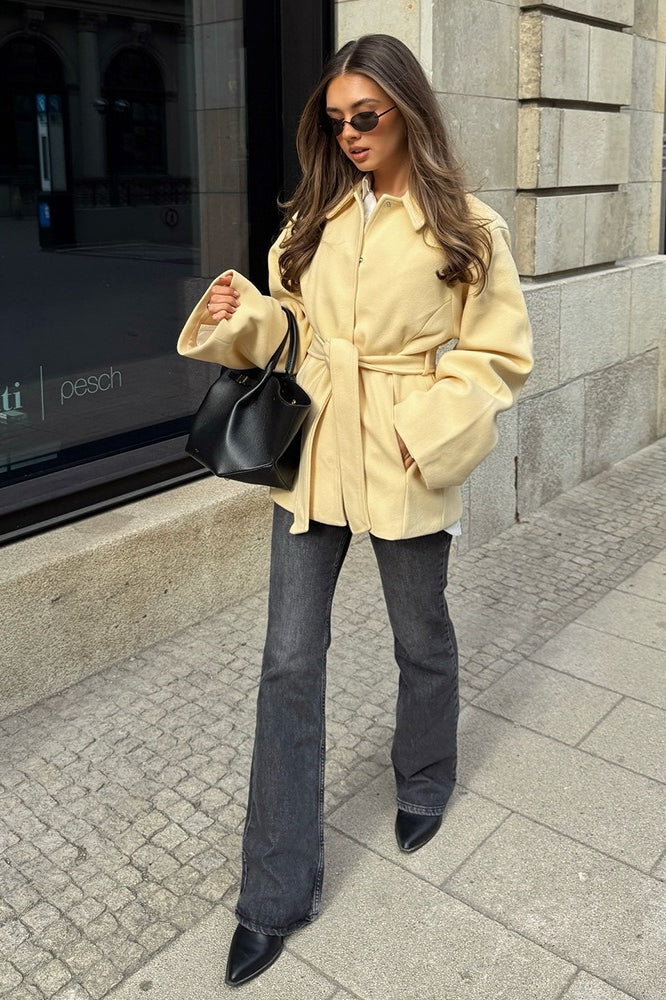 Solid Color Belted Midi Wool Blend Coat - Image 3